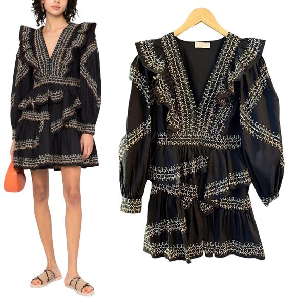 Ulla Johnson Dresses & Skirts - ULLA JOHNSON Anais Mini Dress Ruffle Embroidered V-Neck Black Noir Cotton 2 NWT
